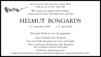 Anzeige von Helmut Bongards von Kölner Stadt-Anzeiger / Kölnische Rundschau / Express