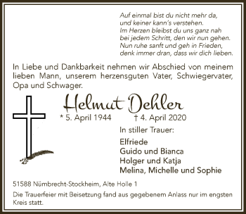 Anzeige von Helmut Dehler von  Lokalanzeiger 
