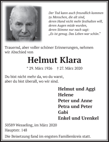 Anzeige von Helmut Klara von  Schlossbote/Werbekurier 