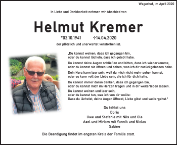 Anzeige von Helmut Kremer von Kölner Stadt-Anzeiger / Kölnische Rundschau / Express