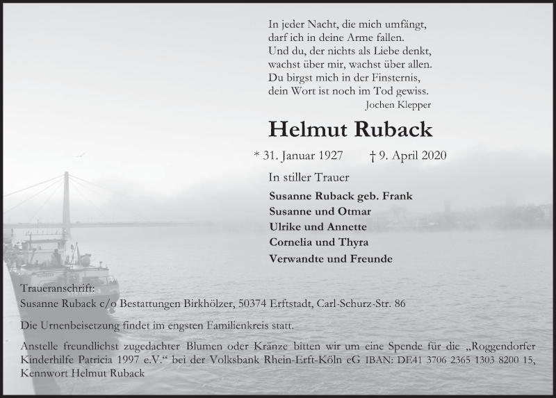  Traueranzeige für Helmut Ruback vom 24.04.2020 aus  Werbepost 
