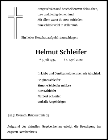 Anzeige von Helmut Schleifer von Kölner Stadt-Anzeiger / Kölnische Rundschau / Express