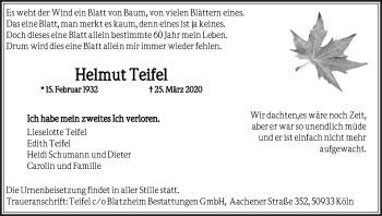 Anzeige von Helmut Teifel von Kölner Stadt-Anzeiger / Kölnische Rundschau / Express