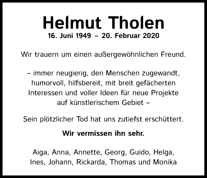  Traueranzeige für Helmut Tholen vom 04.04.2020 aus Kölner Stadt-Anzeiger / Kölnische Rundschau / Express