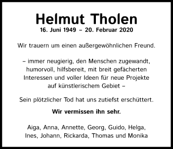 Anzeige von Helmut Tholen von Kölner Stadt-Anzeiger / Kölnische Rundschau / Express