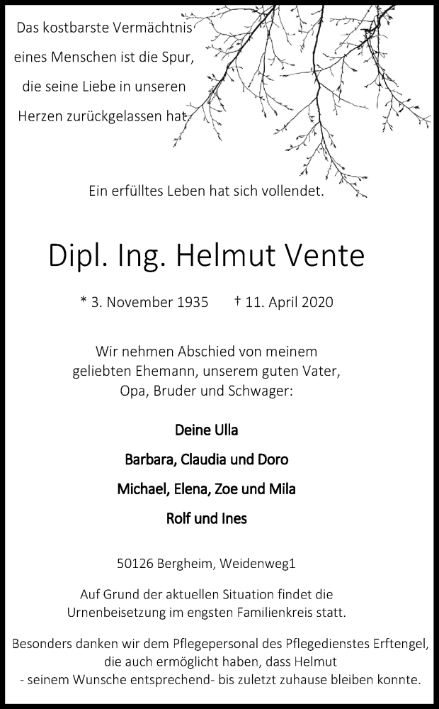  Traueranzeige für Helmut Vente vom 22.04.2020 aus Kölner Stadt-Anzeiger / Kölnische Rundschau / Express