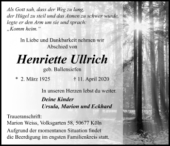 Anzeige von Henriette Ullrich von Kölner Stadt-Anzeiger / Kölnische Rundschau / Express