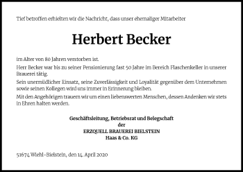 Anzeige von Herbert Becker von Kölner Stadt-Anzeiger / Kölnische Rundschau / Express