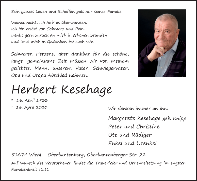  Traueranzeige für Herbert Kesehage vom 25.04.2020 aus Kölner Stadt-Anzeiger / Kölnische Rundschau / Express