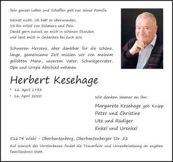 Anzeige von Herbert Kesekage von  Anzeigen Echo 
