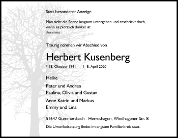 Anzeige von Herbert Kusenberg von Kölner Stadt-Anzeiger / Kölnische Rundschau / Express
