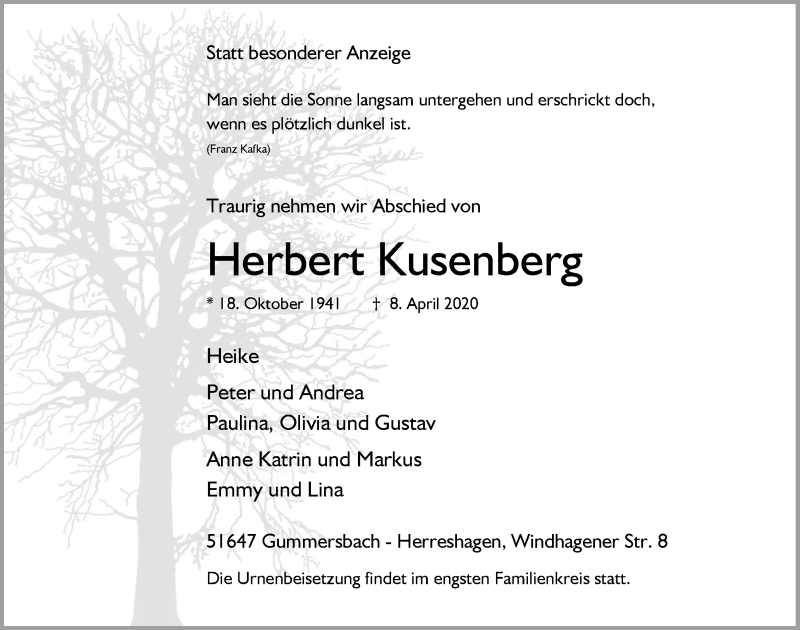  Traueranzeige für Herbert Kusenberg vom 24.04.2020 aus  Anzeigen Echo 