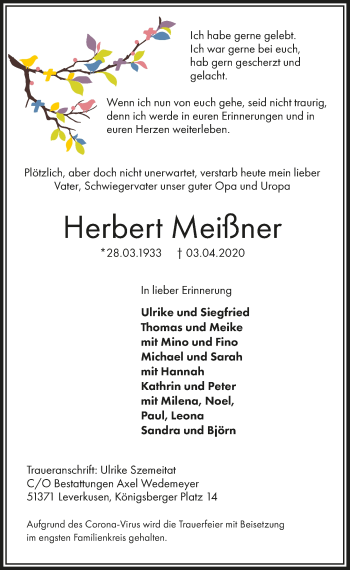 Anzeige von Herbert Meißner von  Lokale Informationen 