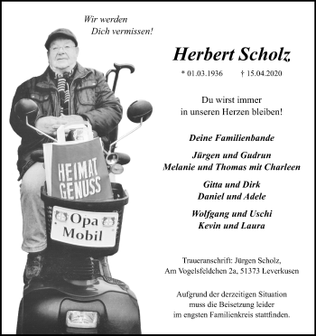 Anzeige von Herbert Scholz von Kölner Stadt-Anzeiger / Kölnische Rundschau / Express