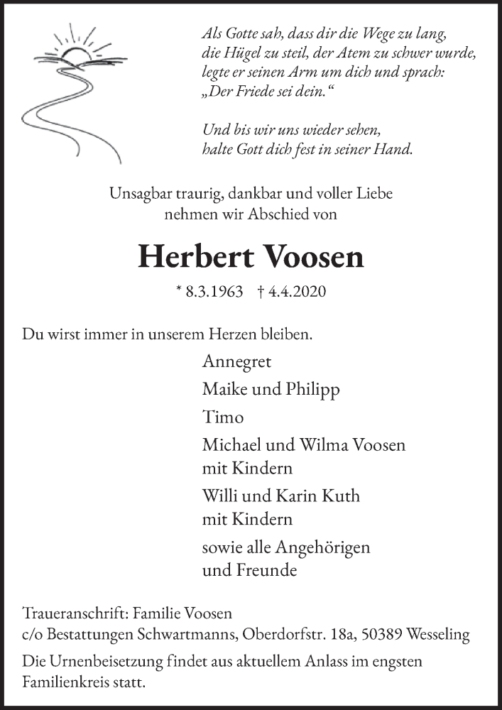  Traueranzeige für Herbert Voosen vom 10.04.2020 aus  Schlossbote/Werbekurier 
