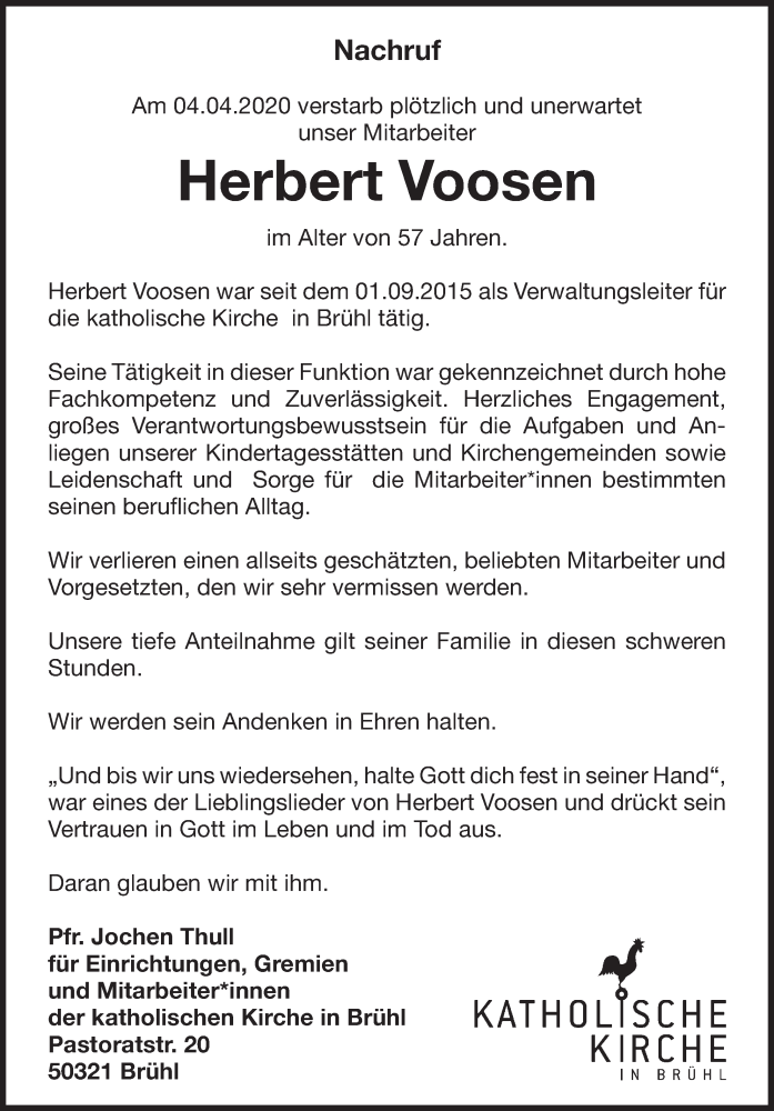  Traueranzeige für Herbert Voosen vom 17.04.2020 aus  Schlossbote/Werbekurier 
