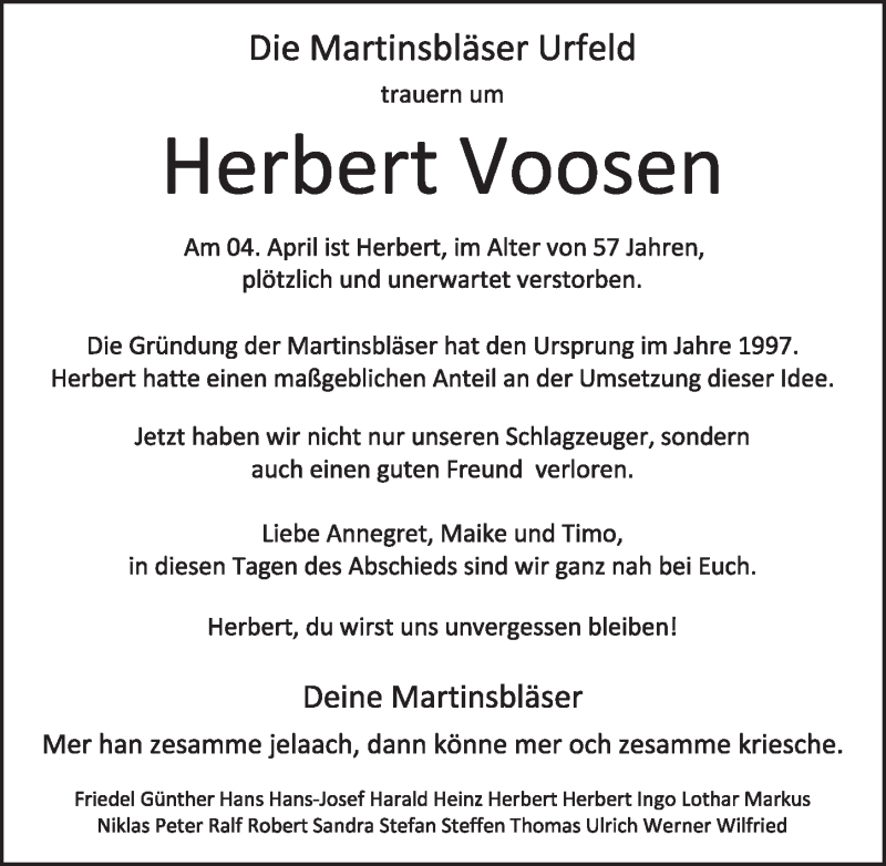  Traueranzeige für Herbert Voosen vom 10.04.2020 aus  Schlossbote/Werbekurier 