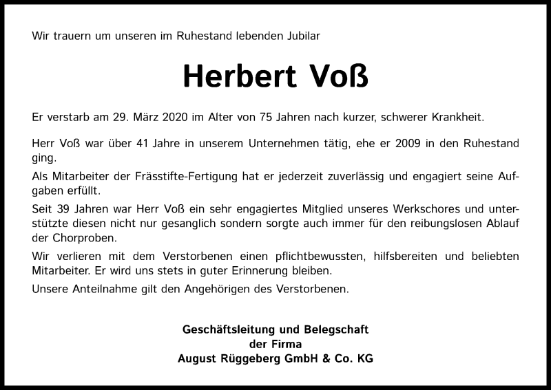  Traueranzeige für Herbert Voß vom 09.04.2020 aus Kölner Stadt-Anzeiger / Kölnische Rundschau / Express