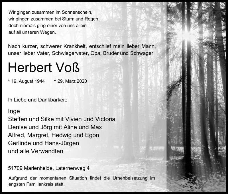  Traueranzeige für Herbert Voß vom 03.04.2020 aus Kölner Stadt-Anzeiger / Kölnische Rundschau / Express