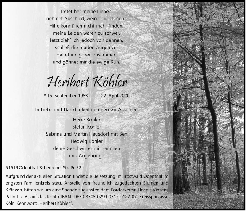  Traueranzeige für Heribert Köhler vom 30.04.2020 aus  Bergisches Handelsblatt 