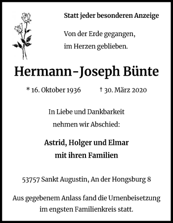 Anzeige von Hermann-Joseph Bünte von Kölner Stadt-Anzeiger / Kölnische Rundschau / Express