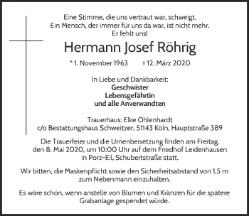 Anzeige von Hermann Josef Röhrig von  Kölner Wochenspiegel 