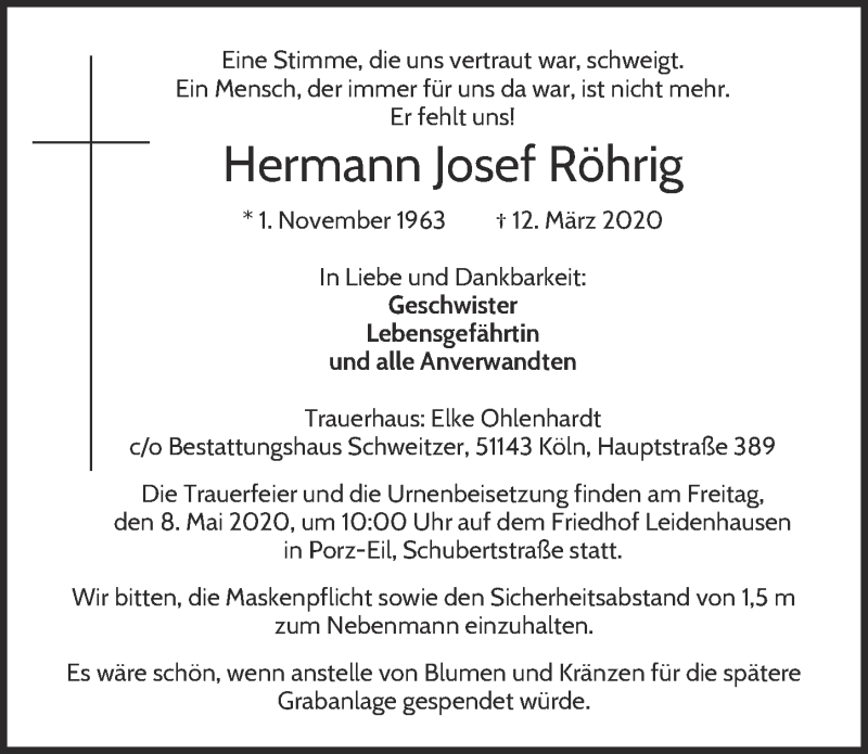  Traueranzeige für Hermann Josef Röhrig vom 30.04.2020 aus  Kölner Wochenspiegel 