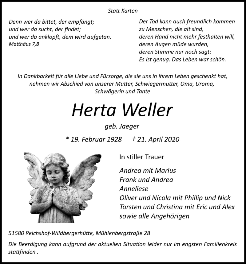  Traueranzeige für Herta Weller vom 24.04.2020 aus  Anzeigen Echo  Lokalanzeiger 
