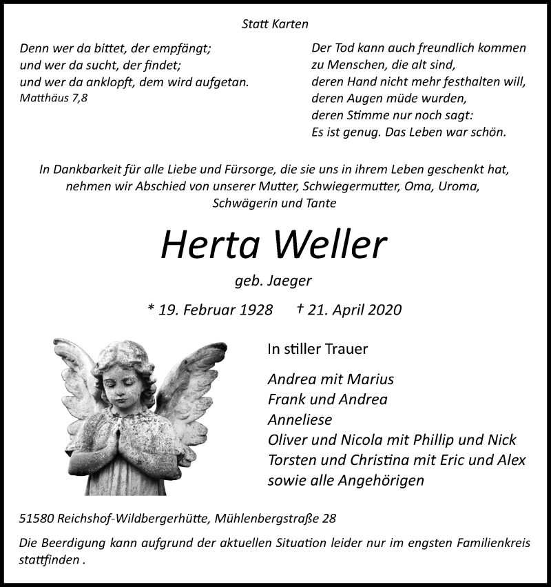  Traueranzeige für Herta Weller vom 25.04.2020 aus Kölner Stadt-Anzeiger / Kölnische Rundschau / Express