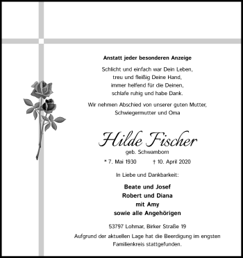 Anzeige von Hilde Fischer von Kölner Stadt-Anzeiger / Kölnische Rundschau / Express