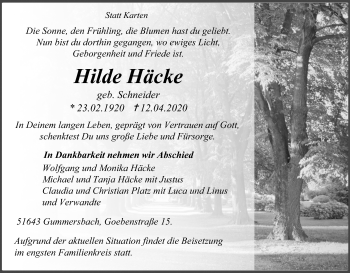 Anzeige von Hilde Häcke von Kölner Stadt-Anzeiger / Kölnische Rundschau / Express