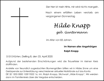Anzeige von Hilde Knapp von Kölner Stadt-Anzeiger / Kölnische Rundschau / Express
