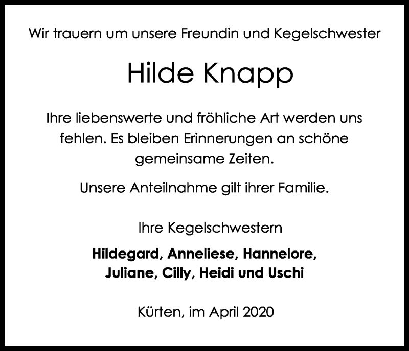  Traueranzeige für Hilde Knapp vom 29.04.2020 aus Kölner Stadt-Anzeiger / Kölnische Rundschau / Express