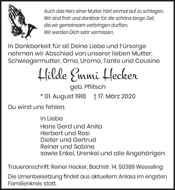 Anzeige von Hilde Emmi Hecker von  Schlossbote/Werbekurier 
