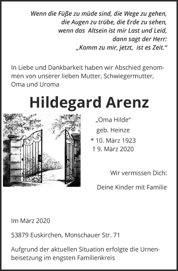 Anzeige von Hildegard Arenz von  Blickpunkt Euskirchen 