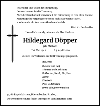 Anzeige von Hildegard Döpper von Kölner Stadt-Anzeiger / Kölnische Rundschau / Express