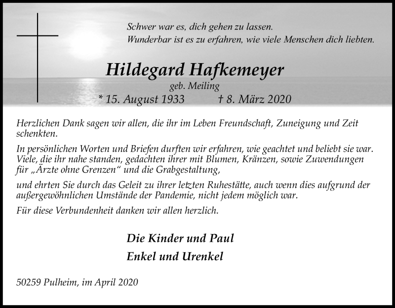  Traueranzeige für Hildegard Hafkemeyer vom 25.04.2020 aus Kölner Stadt-Anzeiger / Kölnische Rundschau / Express
