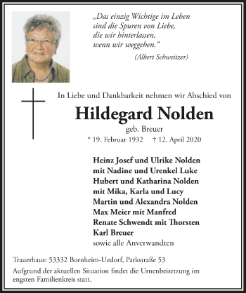 Anzeige von Hildegard Nolden von  Schlossbote/Werbekurier 
