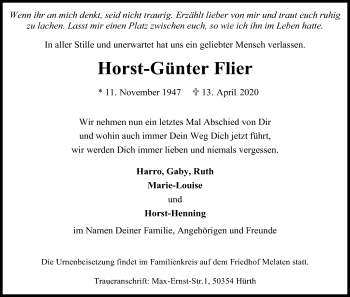 Anzeige von Horst-Günter Flier von Kölner Stadt-Anzeiger / Kölnische Rundschau / Express