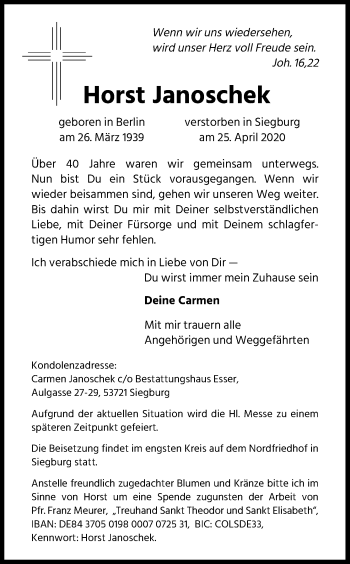 Anzeige von Horst Janoschek von Kölner Stadt-Anzeiger / Kölnische Rundschau / Express
