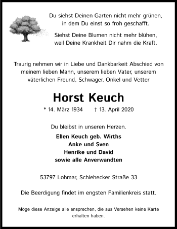 Anzeige von Horst Keuch von Kölner Stadt-Anzeiger / Kölnische Rundschau / Express