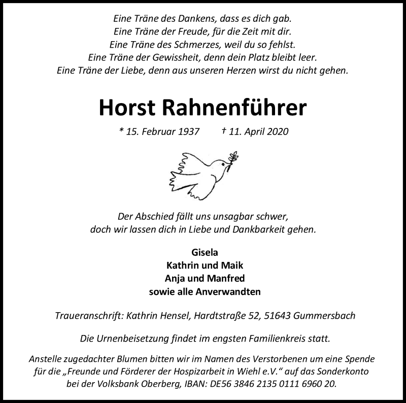  Traueranzeige für Horst Rahnenführer vom 18.04.2020 aus Kölner Stadt-Anzeiger / Kölnische Rundschau / Express