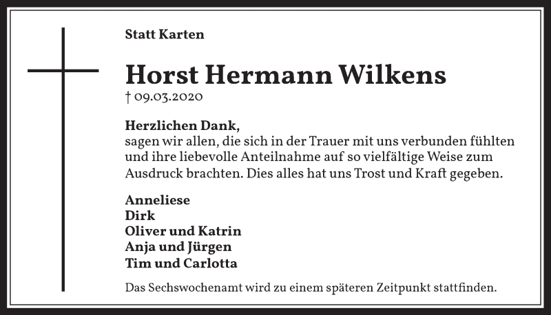  Traueranzeige für Horst Hermann Wilkens vom 24.04.2020 aus  Werbepost 