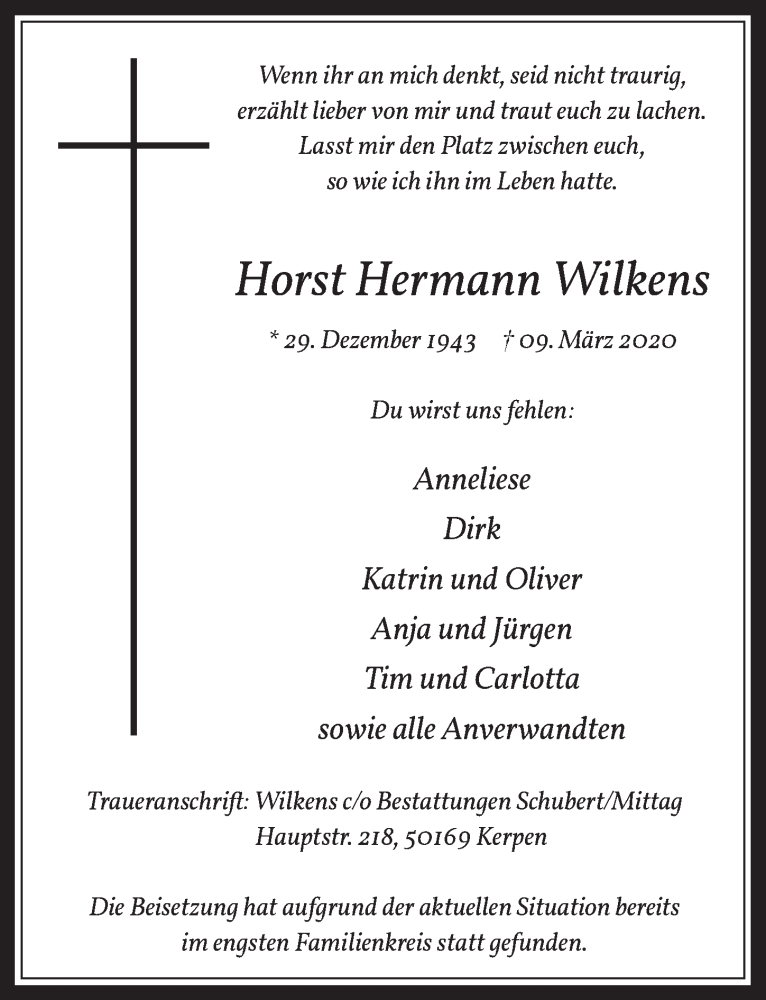  Traueranzeige für Horst Hermann Wilkens vom 03.04.2020 aus  Werbepost 