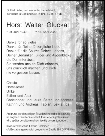 Anzeige von Horst Walter Gluckat von Kölner Stadt-Anzeiger / Kölnische Rundschau / Express