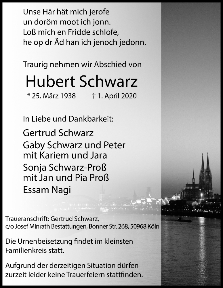  Traueranzeige für Hubert Schwarz vom 06.04.2020 aus Kölner Stadt-Anzeiger / Kölnische Rundschau / Express