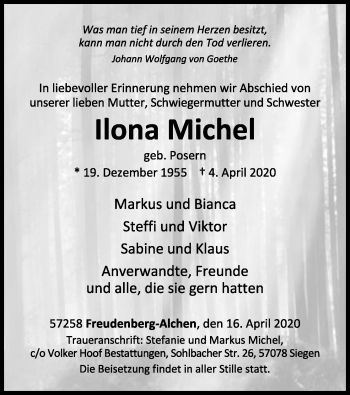 Anzeige von Ilona Michel von Kölner Stadt-Anzeiger / Kölnische Rundschau / Express