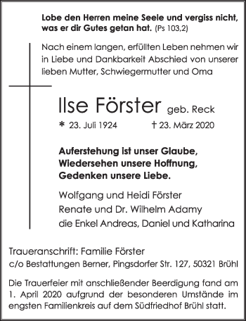 Anzeige von Ilse Förster von  Schlossbote/Werbekurier 