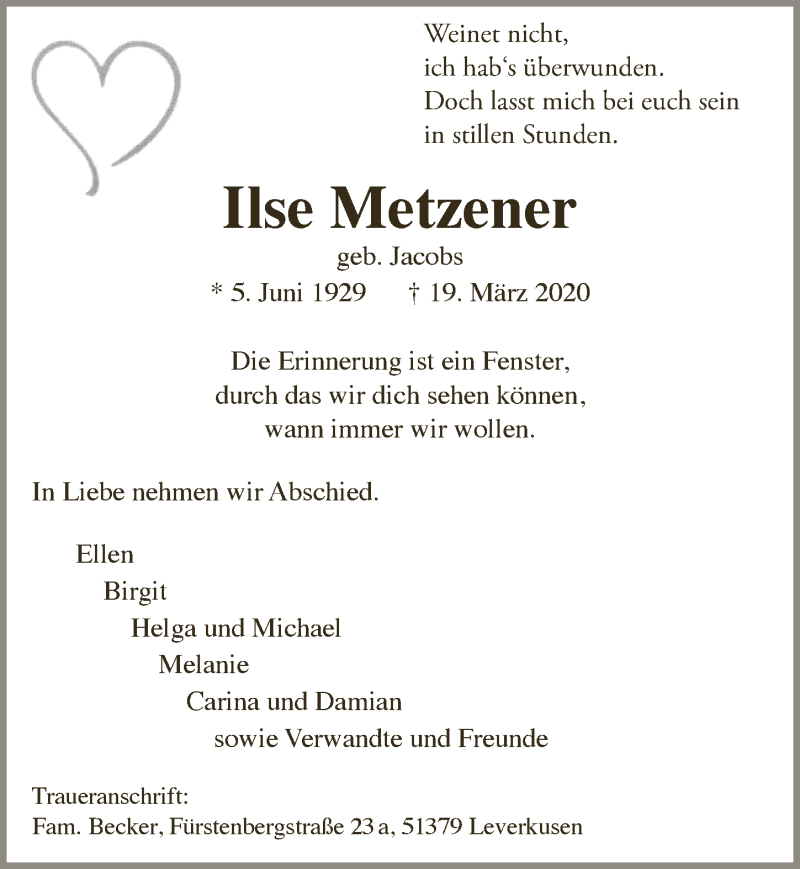  Traueranzeige für Ilse Metzener vom 03.04.2020 aus  Lokale Informationen 