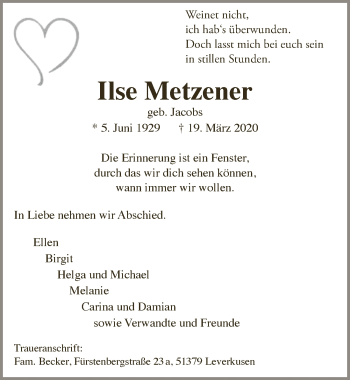 Anzeige von Ilse Metzener von  Lokale Informationen 